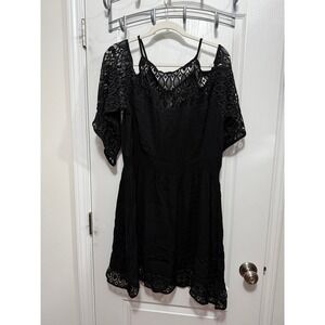 City Chic Black Lace Cold Shoulder Tunic Crochet Insert Dress Size S/ 16 Coverup